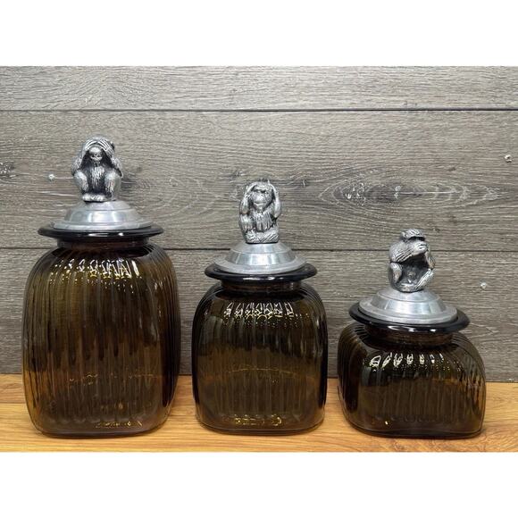 Vintage MCM Amber Glass Canister Three Wise Monkeys Pewter Lids ~set Of 3 Rare